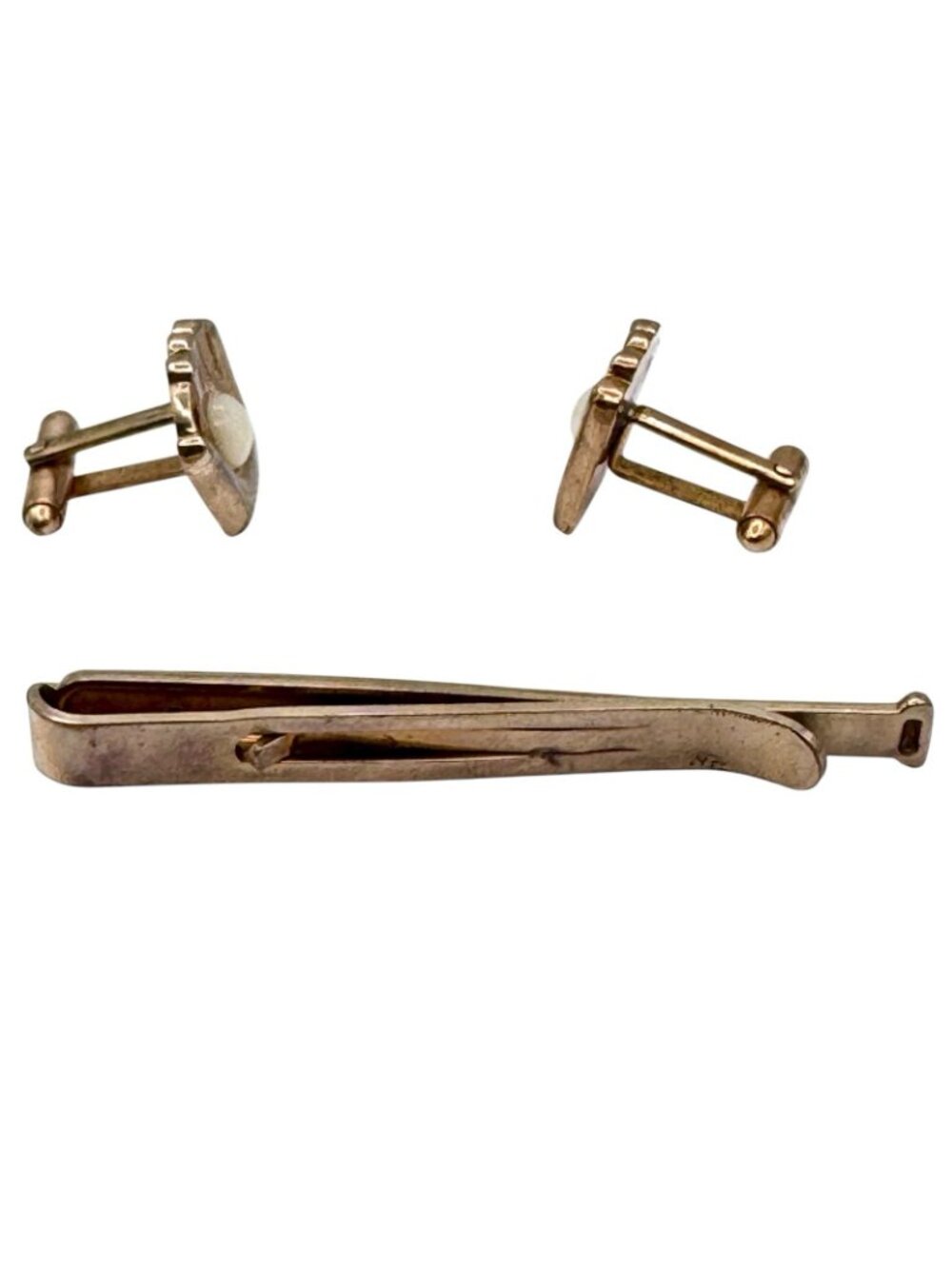 Baseball Motif Cuff Links Tie Clip MOP Baseball in Mitt Gold Tone Vintage 1950s - Picture 6 of 9